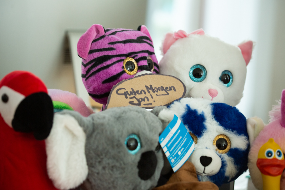 bunte Plüschtiere mit großen Kulleraugen, Gruppenbild, Pappschild mit Text Guten Morgen Jan