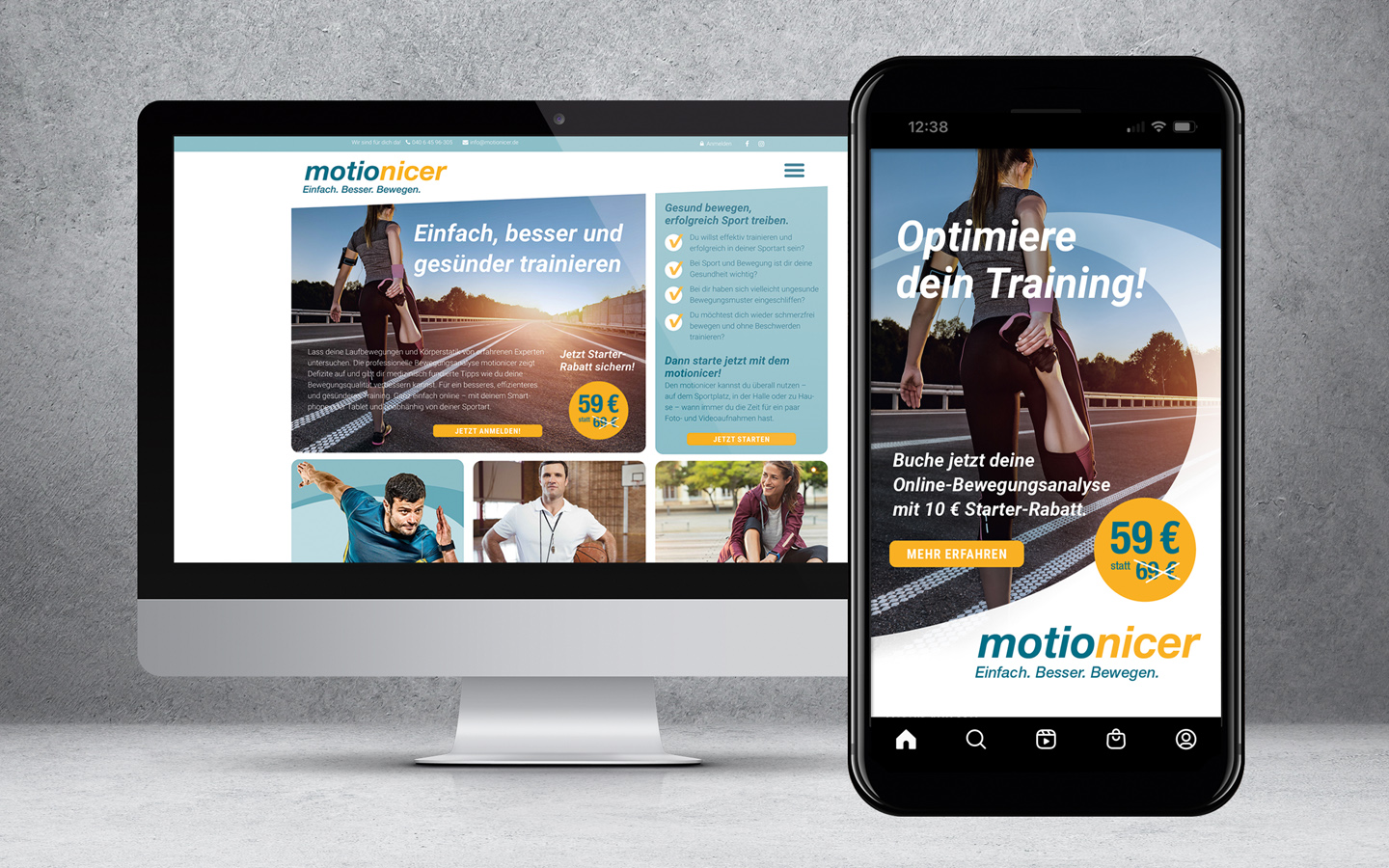 InApp Kampagne für motionicer Bewegungsanalyse, Handy Screen mit Anzeige und Computer Bildschirm mit Landingpage